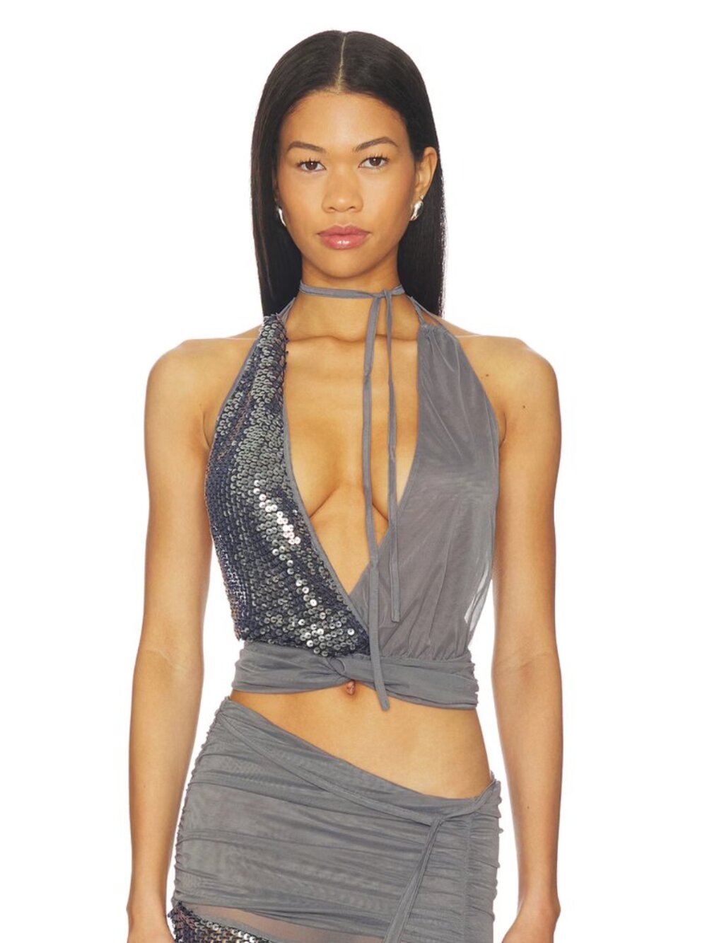 Jaded London Sequin Mesh Twist Top in Grey Silver Halter Cowl Cami Camisole Tank